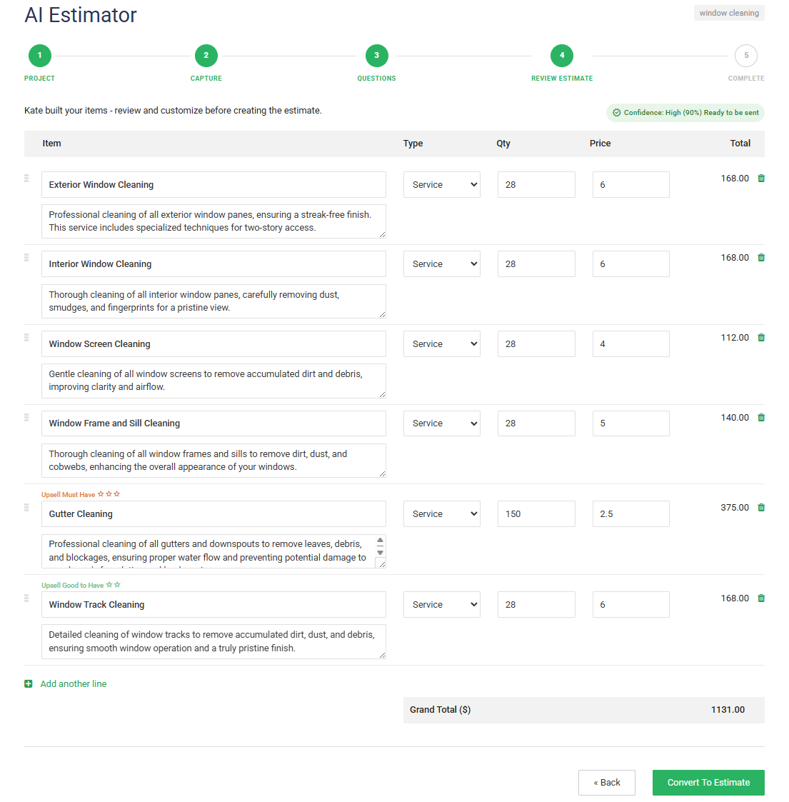 Window cleaning AI estimate