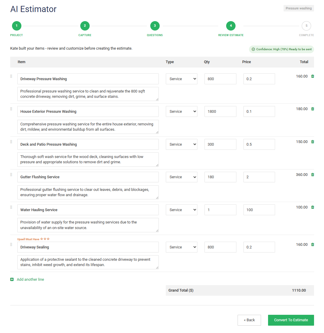 Pressure washing AI estimate